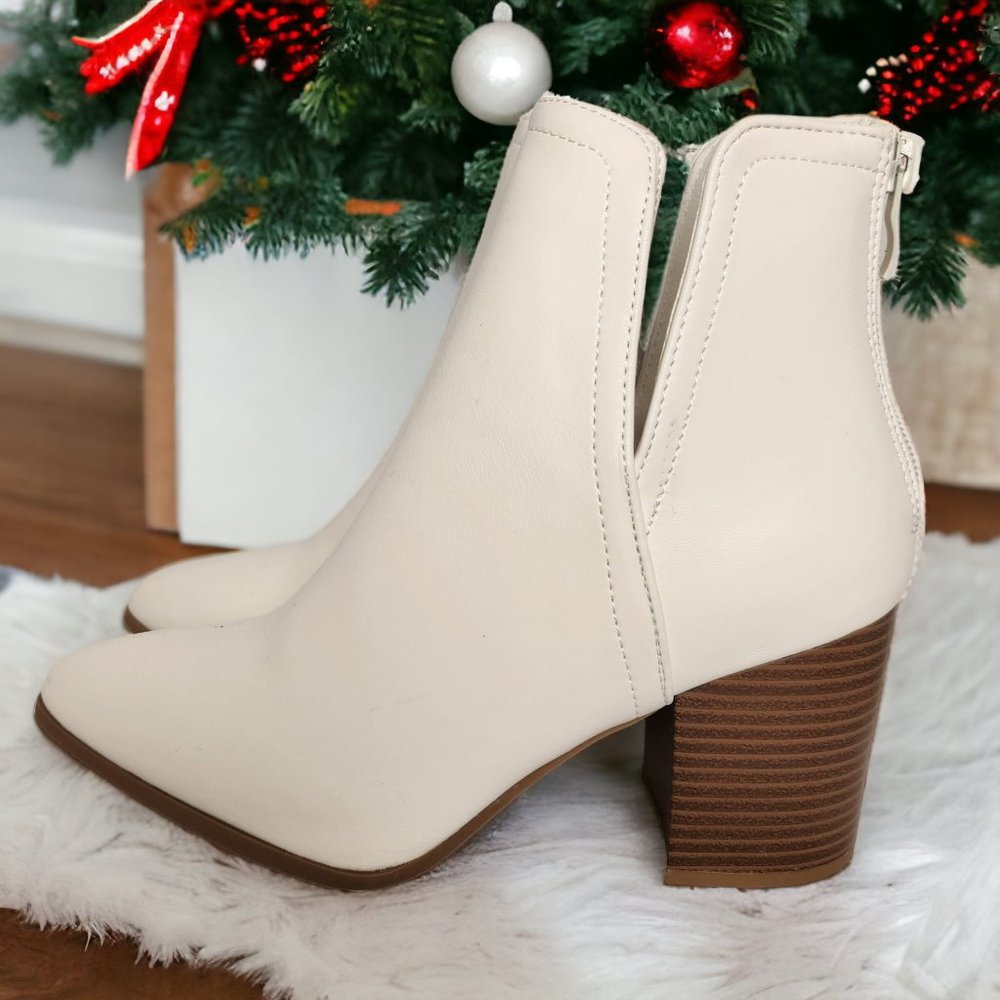 White Booties Split Side Zip Block Heel Pointed Toe Vegan Leather NEW w/o BOX